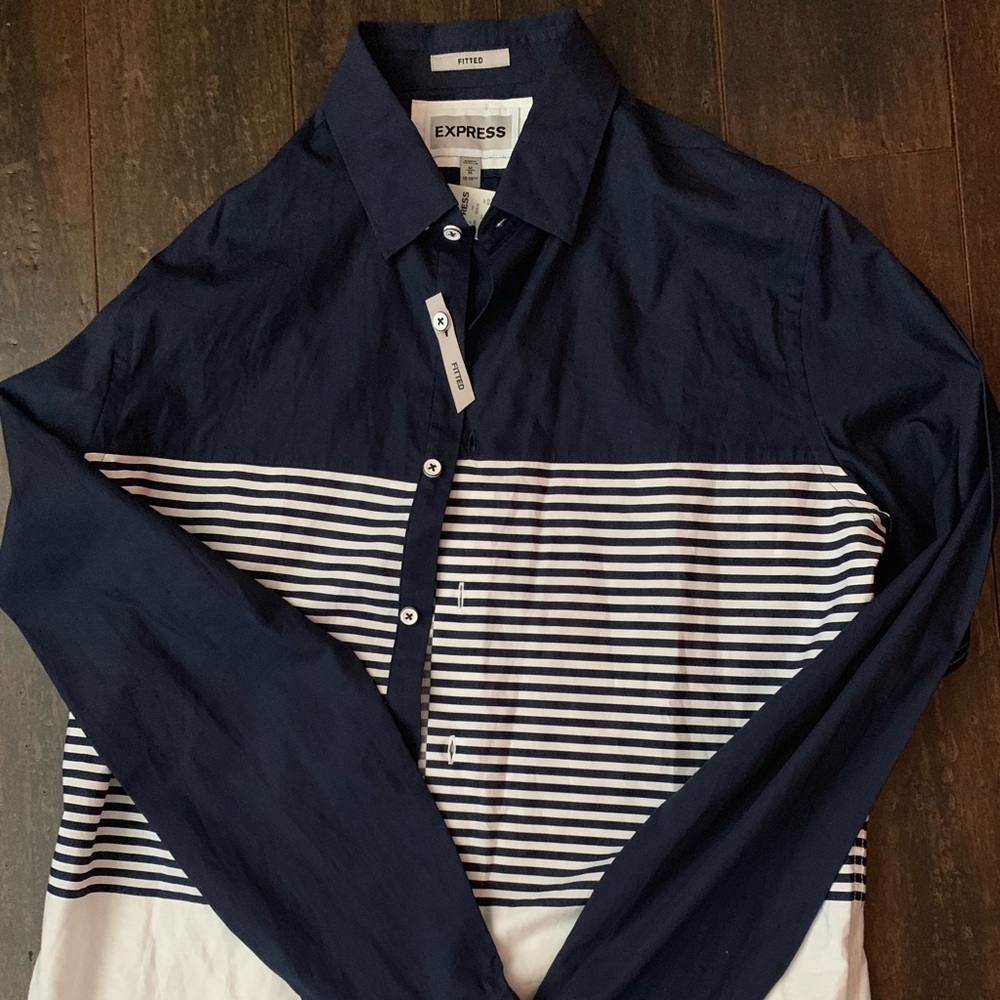 Express fitted navy/striped button up